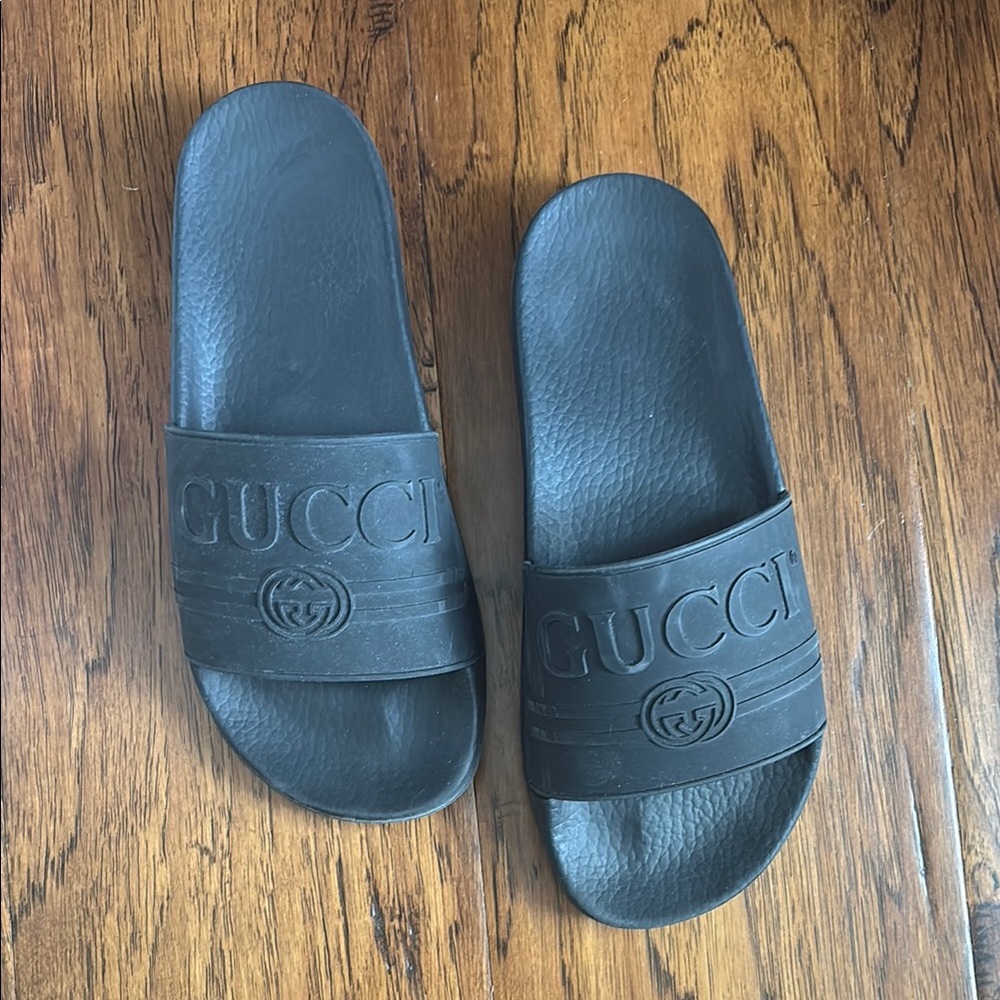 Gucci Black Embossed Slide Sandals